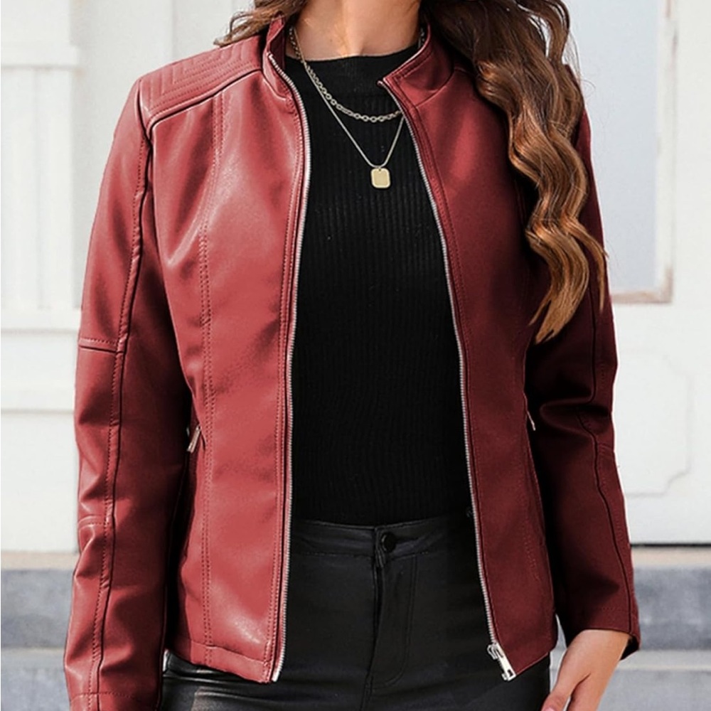 Bellivera Faux Leather motorcycle Zipper Bomber Jacket w/Zip Pockets -Red